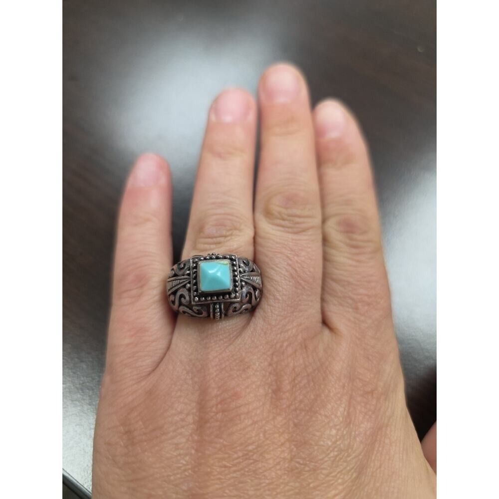 Vintage Native American Sterling Silver Inlaid Turquoise Coral Ring Size‎ 7